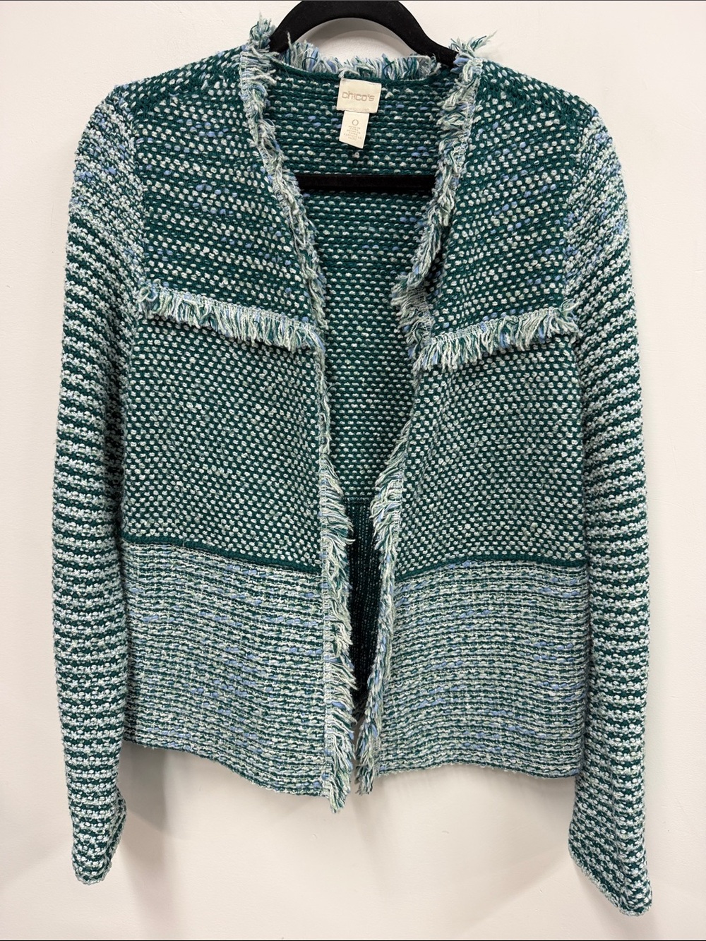 Chico's Teal & White Fringe Knit Open Cardigan 0 S small